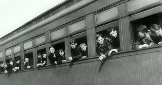 A Children's Aid Society picture of some of the orphan the train to homes.